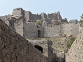 Towering view of the fortified walls of Golconda Fort