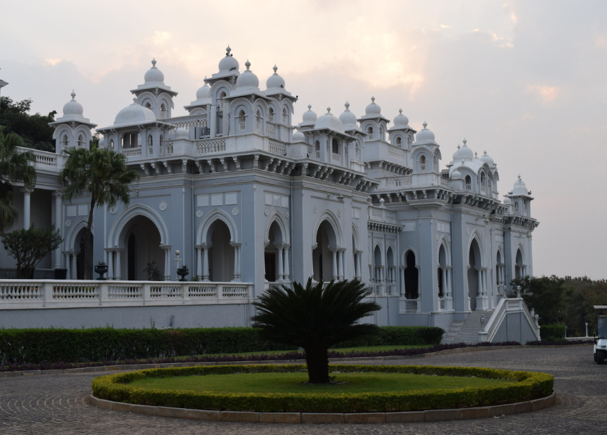 Falaknuma Palace bathed in the ethereal light of a cloudy evening