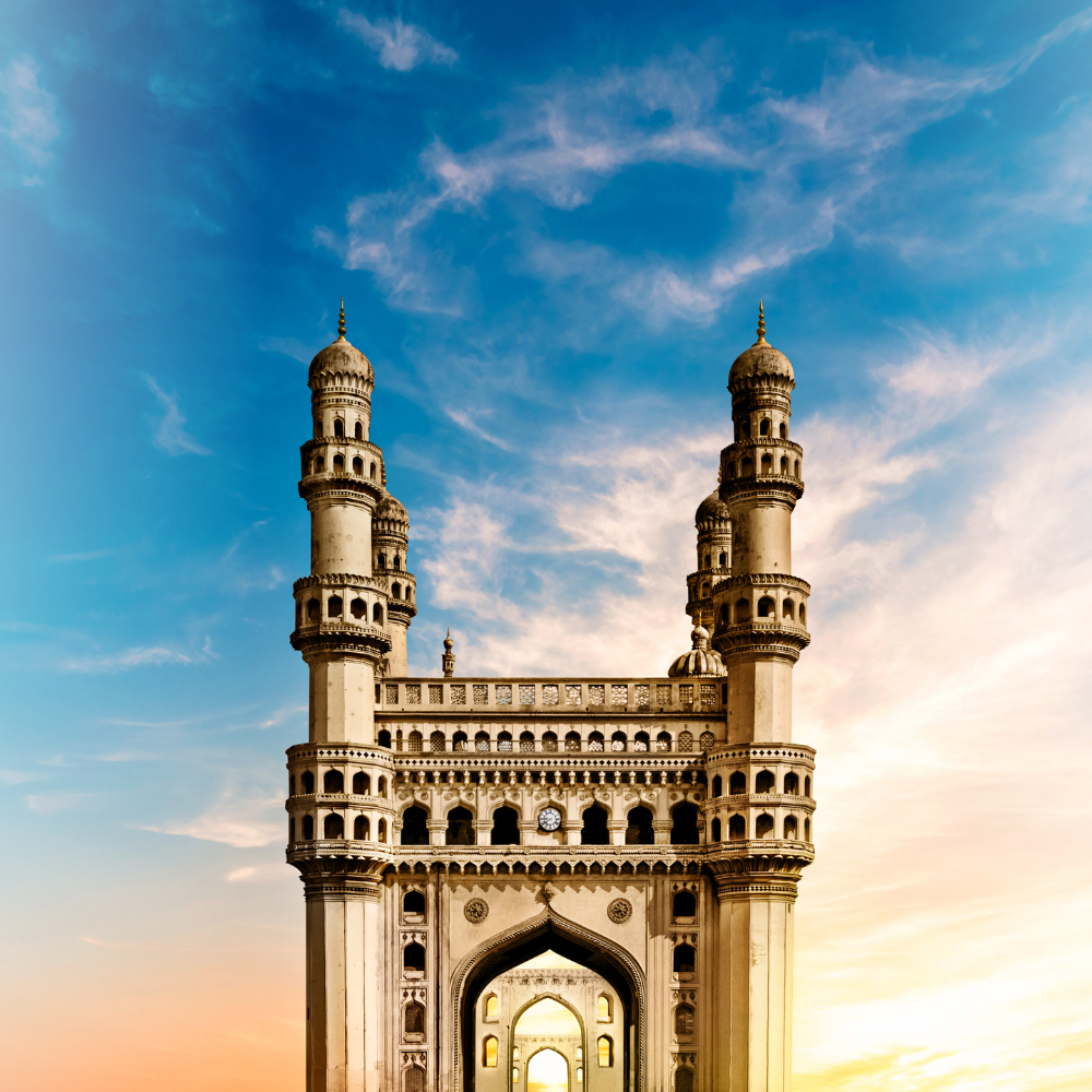 A close-up of the intricately carved minarets of Charminar, Hyderabad's iconic landmark.